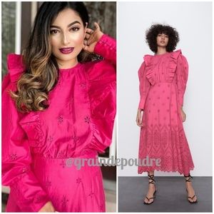 Rare! Zara Blogger Fushcia Magenta Pink Eyelet Embroidered Dress XS